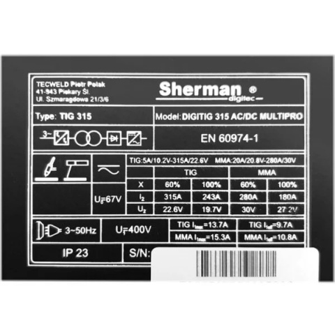 Sherman Spawarka DIGITIG 315 AC/DC Multipro Sherman Spawarka DIGITIG 315 AC/DC Multipro